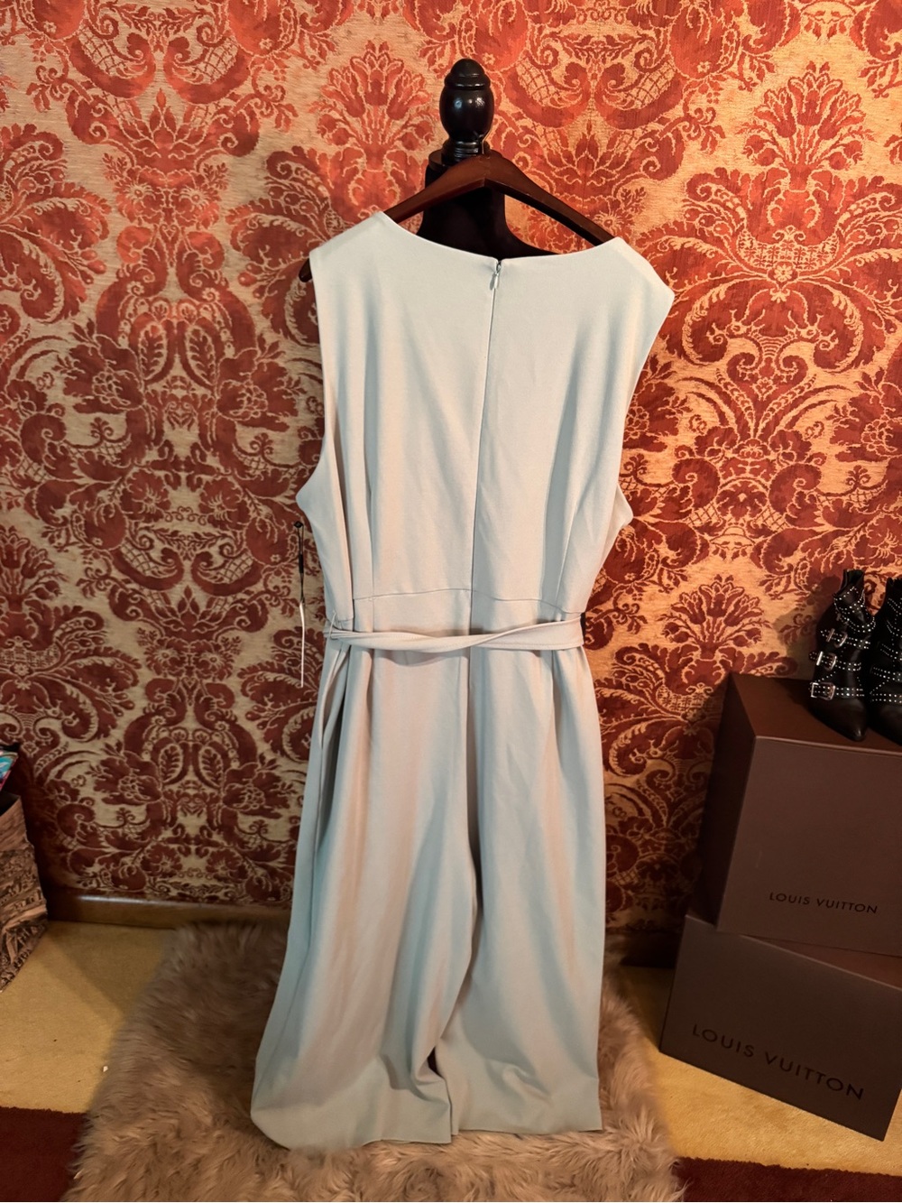 Calvin Klein Light Mint Green Sleeveless V-Neck Jumpsuit with Tie Belt - Picture 2 of 5